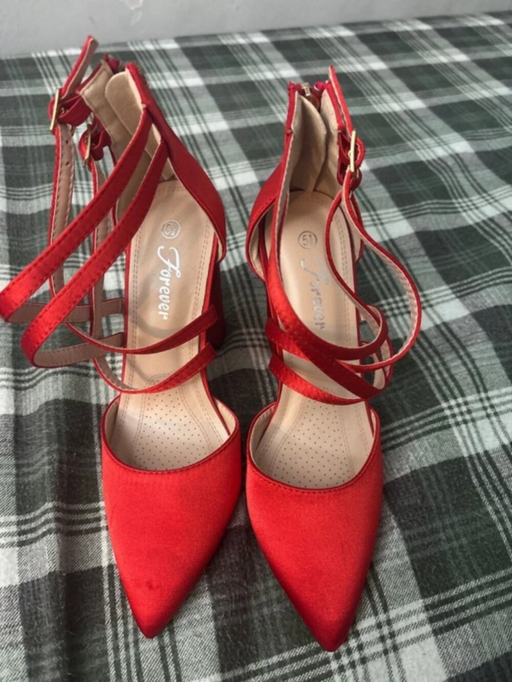 Red satin heels